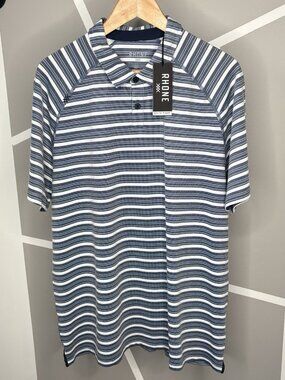 NWT Rhone Delta Pique Navy Blue Striped SS Polo Men’s XL Button Down